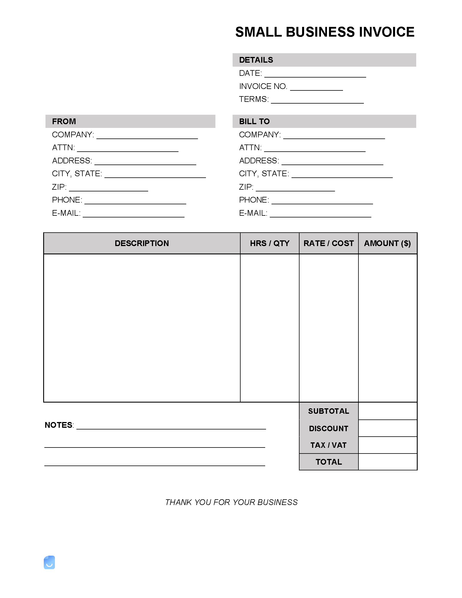 sample invoice for small business template