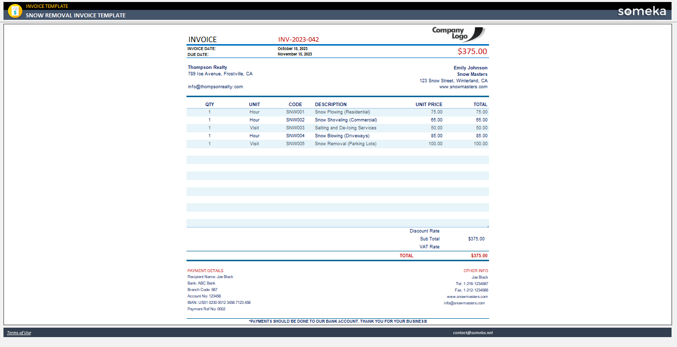 sample snow plowing invoice template