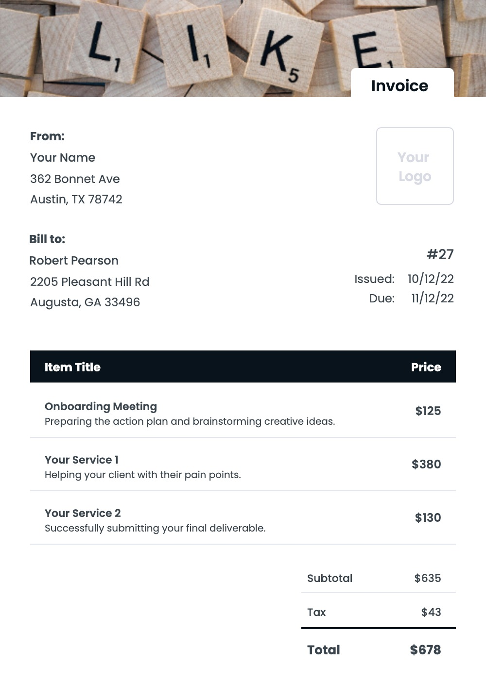 sample social media invoice template