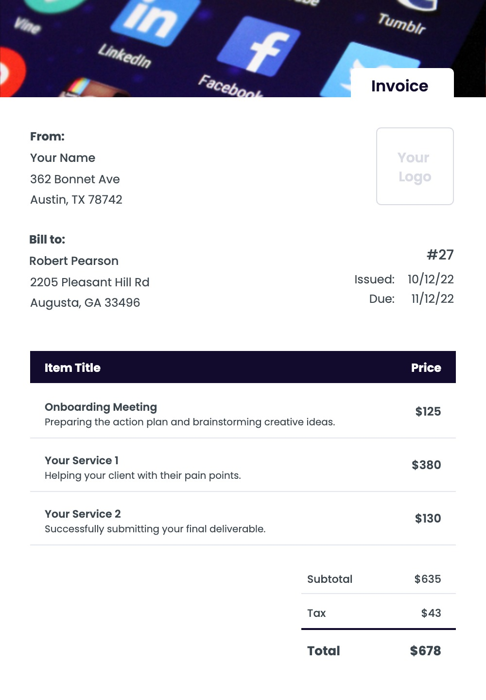 sample social media invoice template