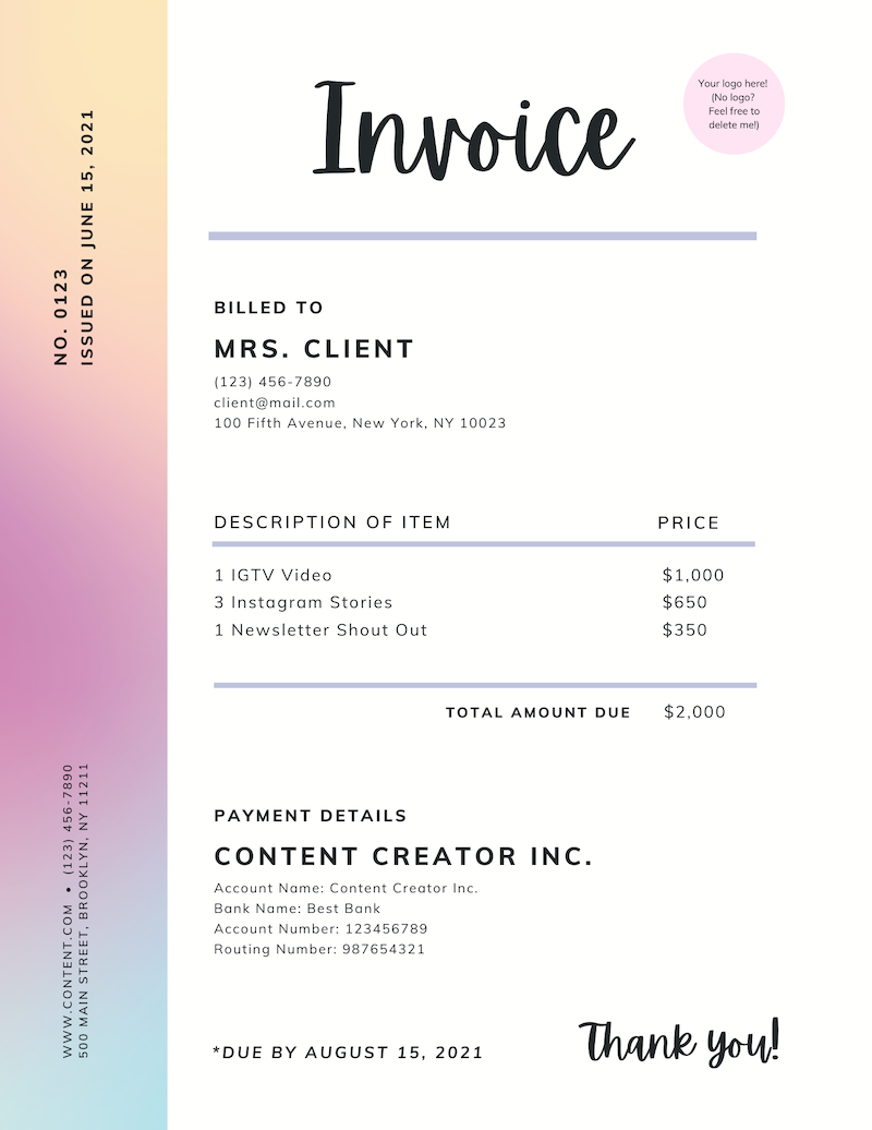 sample social media invoice template