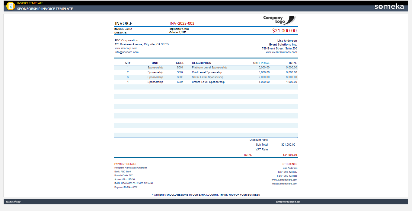 sample sponsorship invoice template