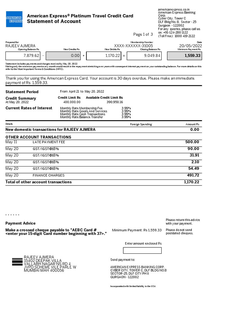 sample American Express billing statement template