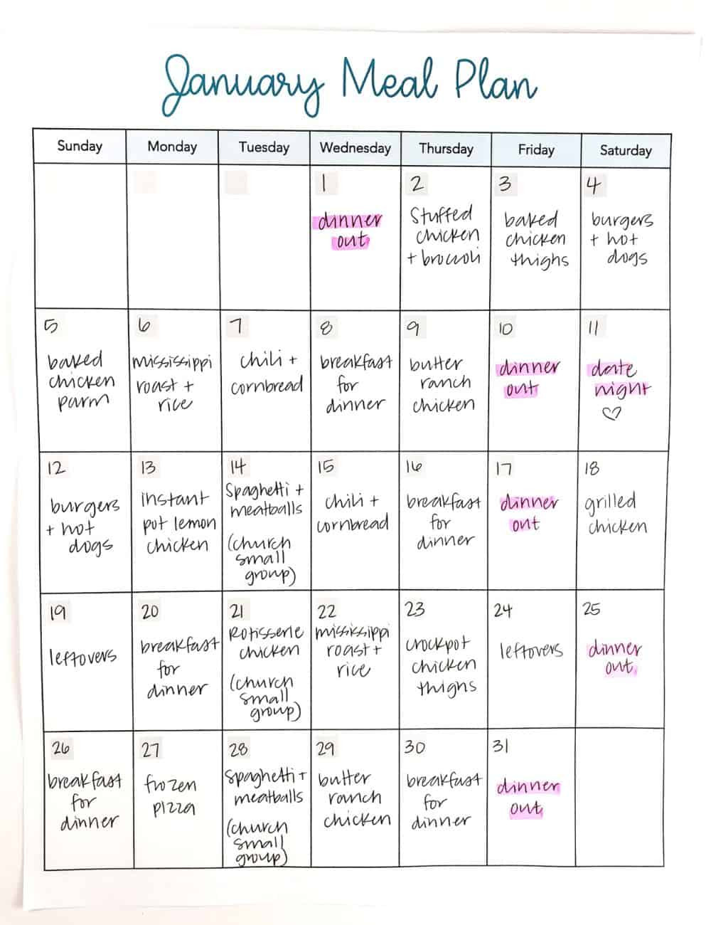 sample monthly meal planning template