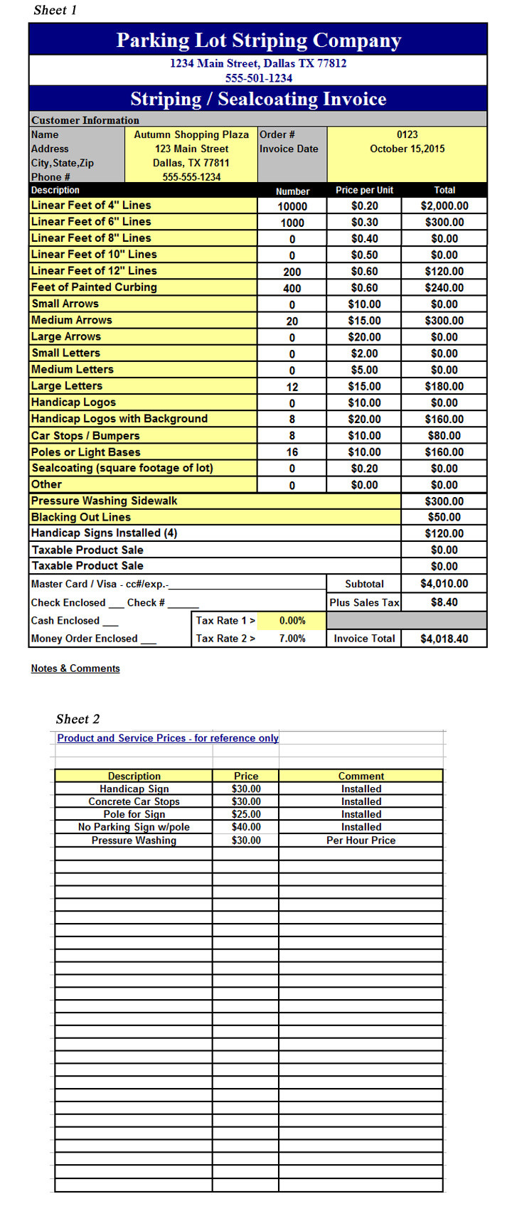 sample parking invoice template