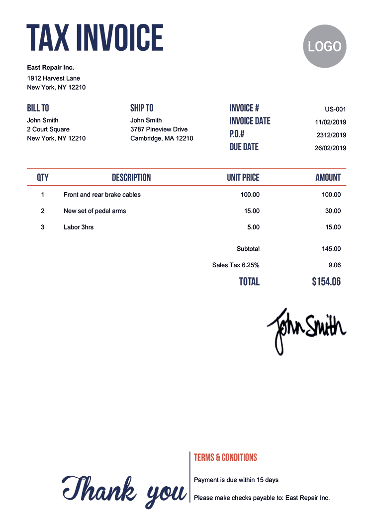 sample invoice with tax template