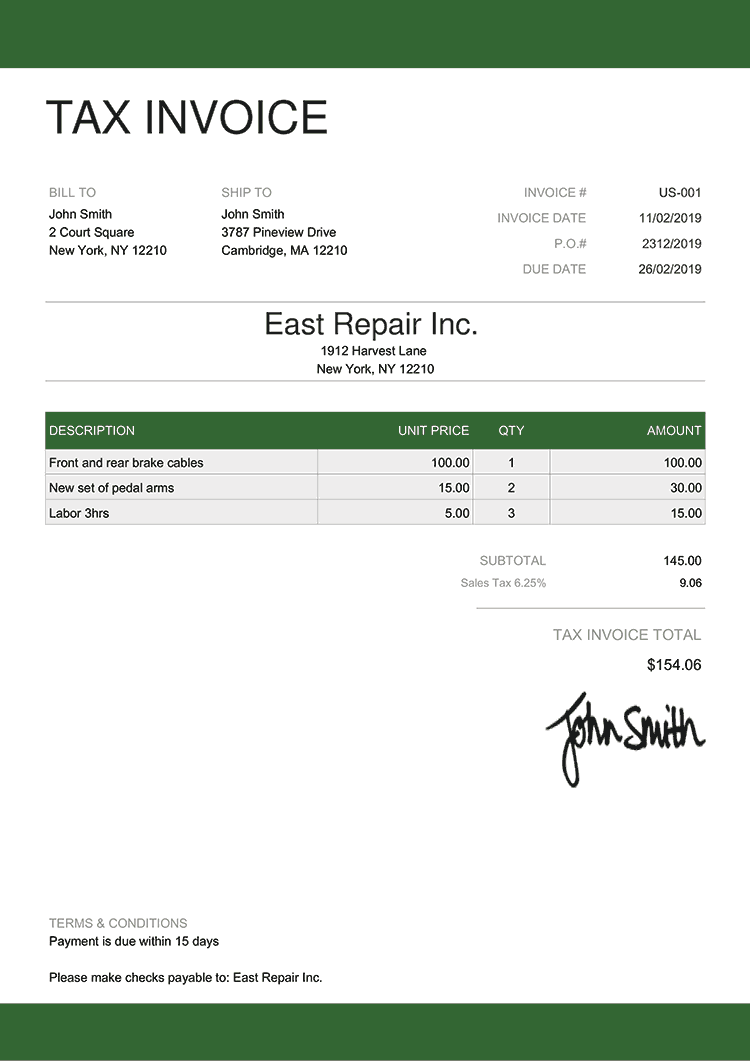 sample invoice with tax template