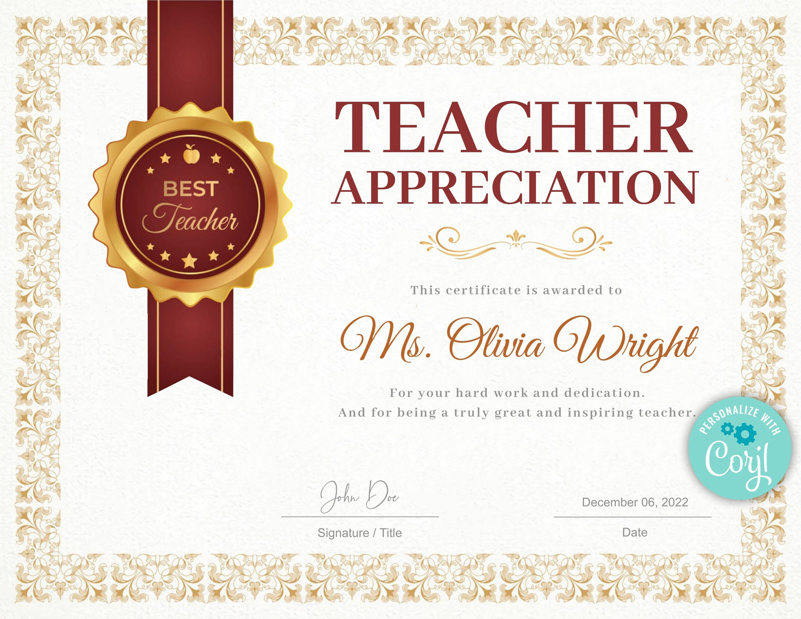 sample teacher of the year award certificate template