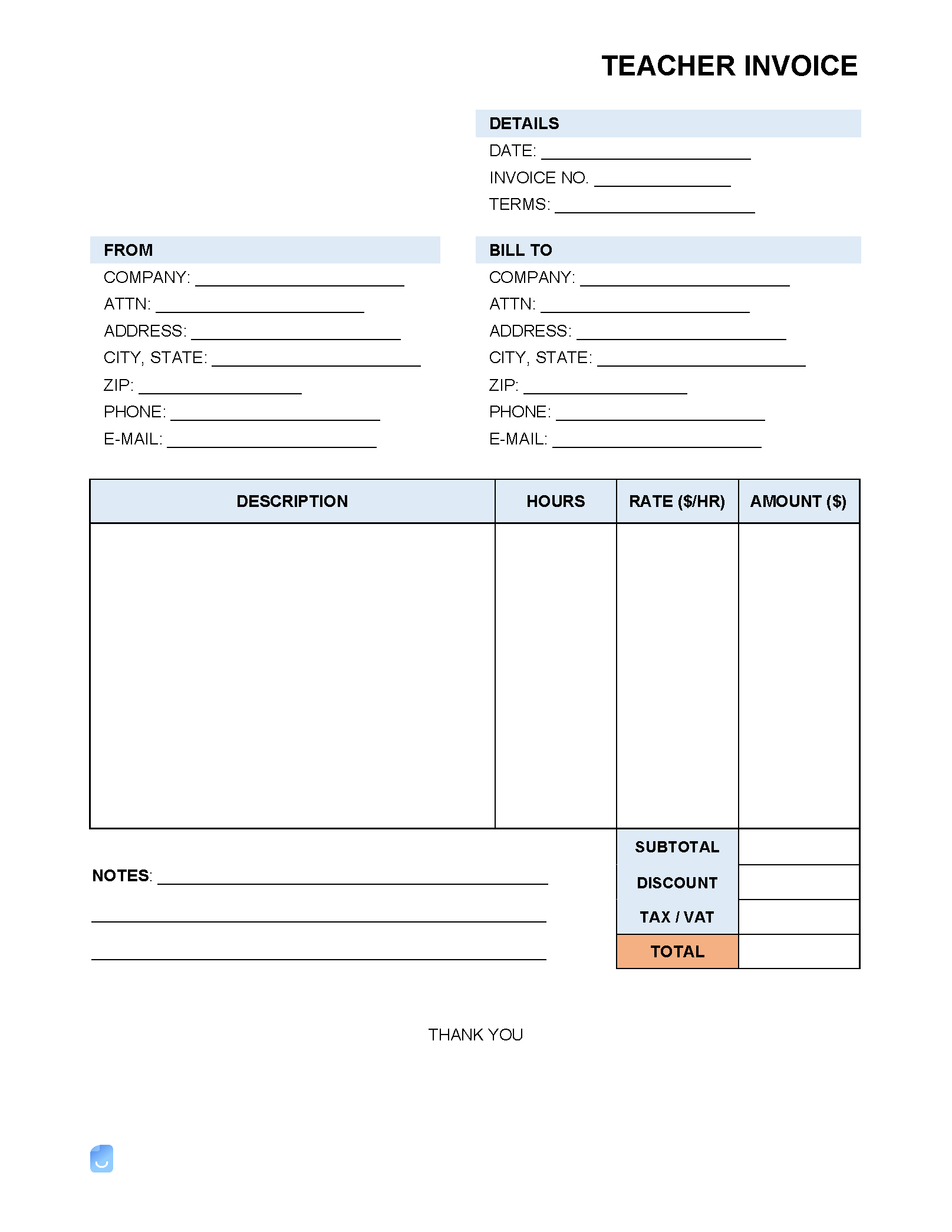 sample teacher invoice template