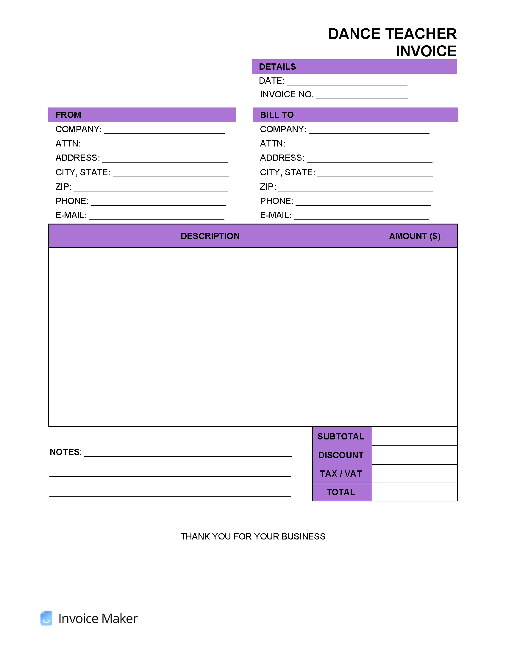 sample teacher invoice template