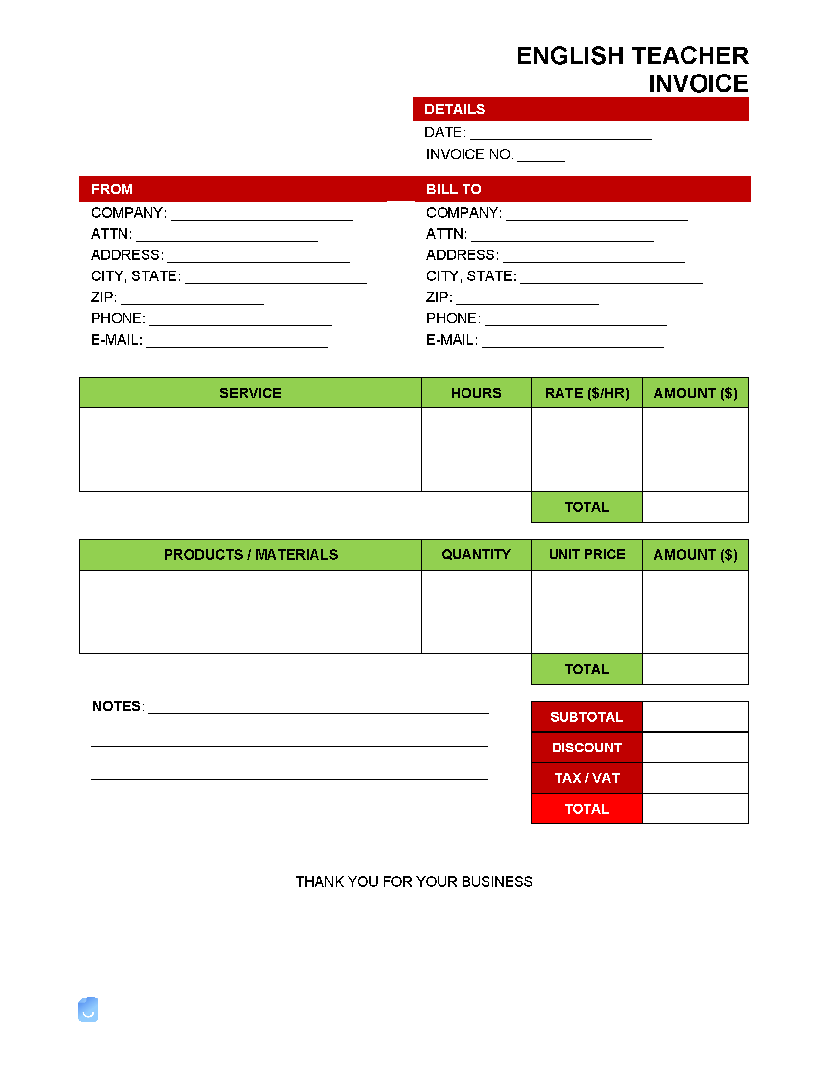 sample teacher invoice template