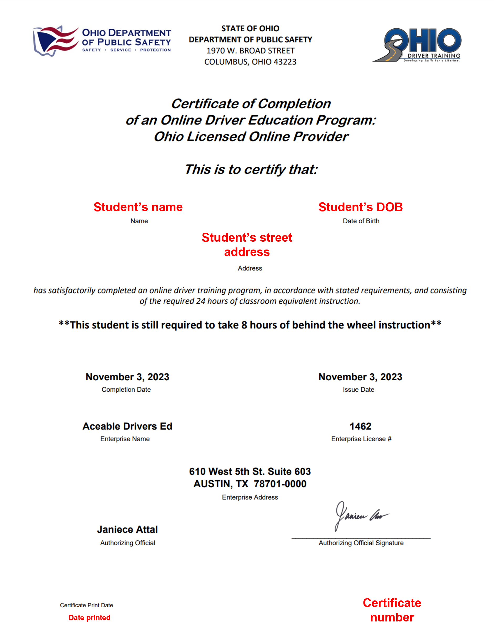 sample driver education completion certificate template