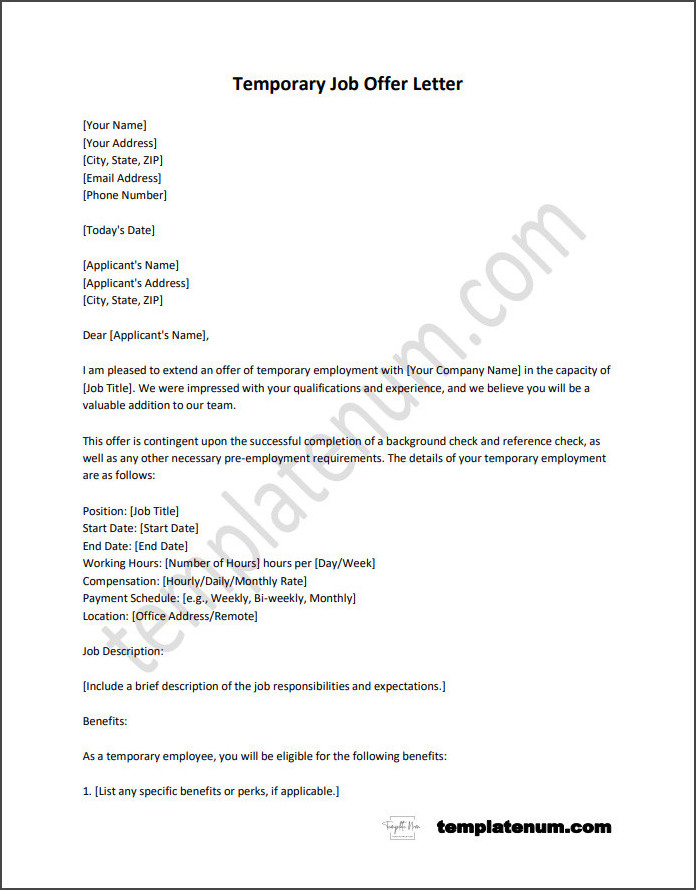Free editable temporary job offer letter template with customizable sections