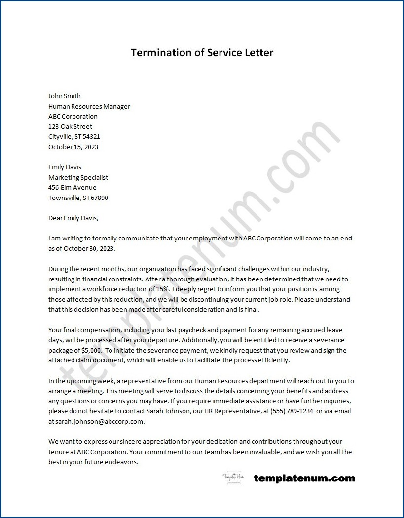 Termination of Service Letter Template (With Sample)