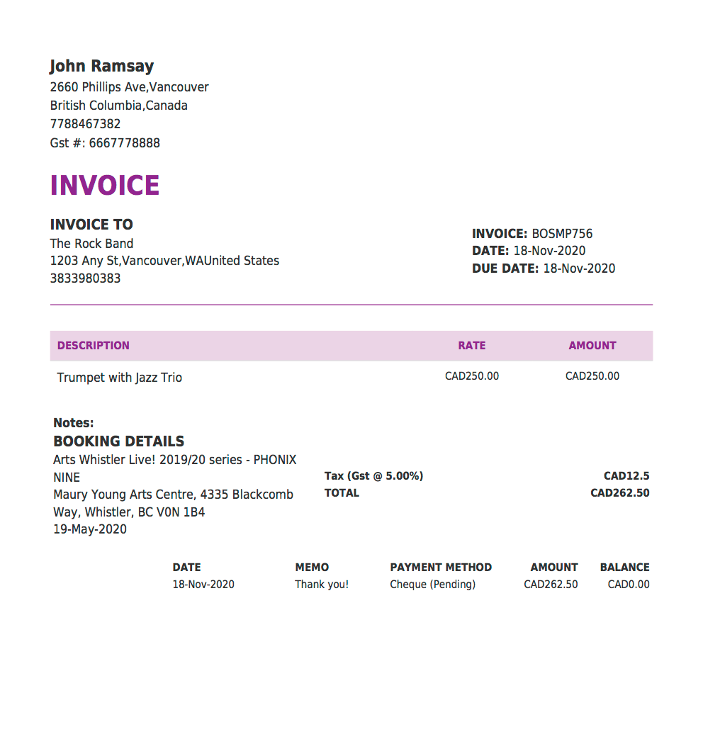 sample music performance invoice template