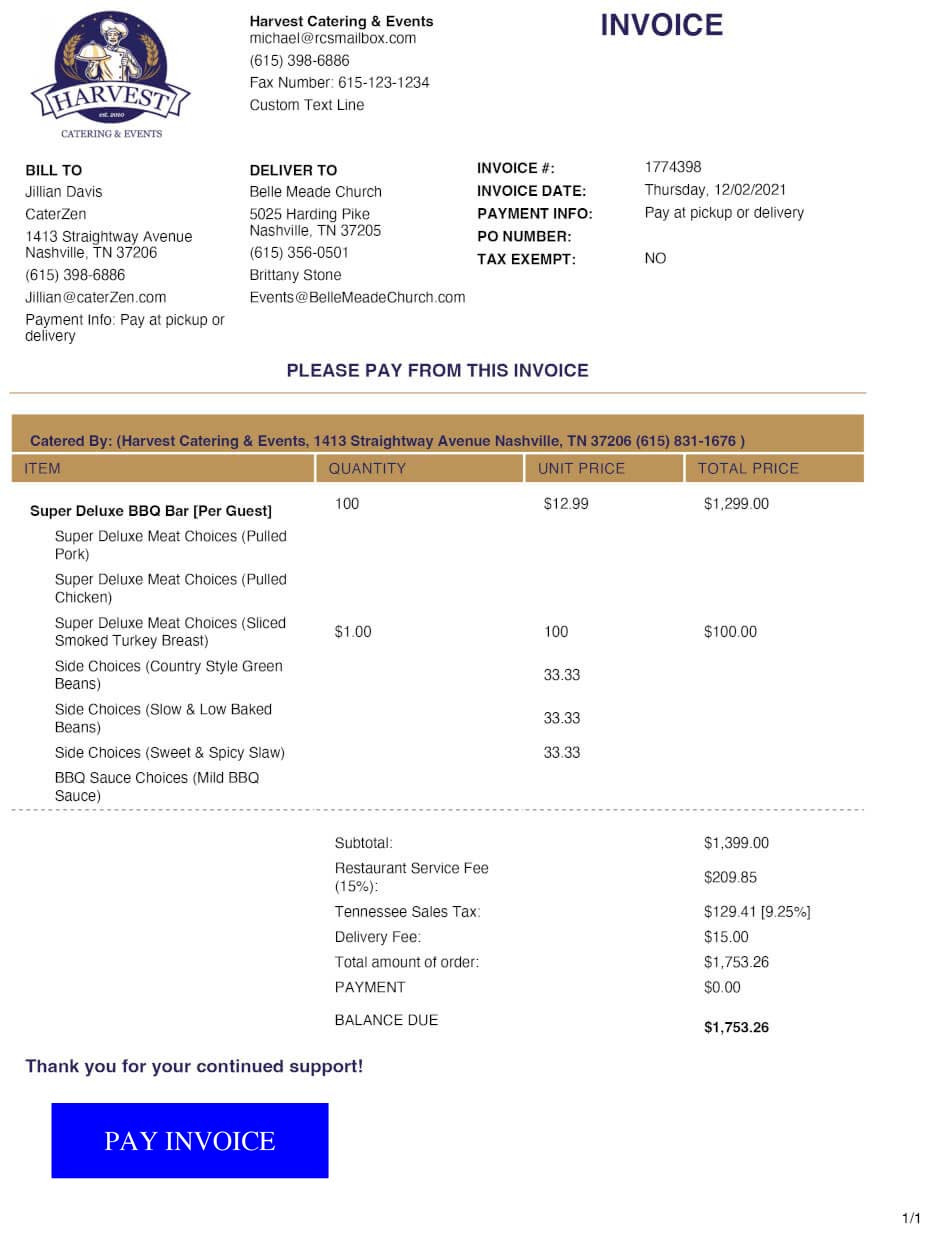 sample BBQ catering invoice template