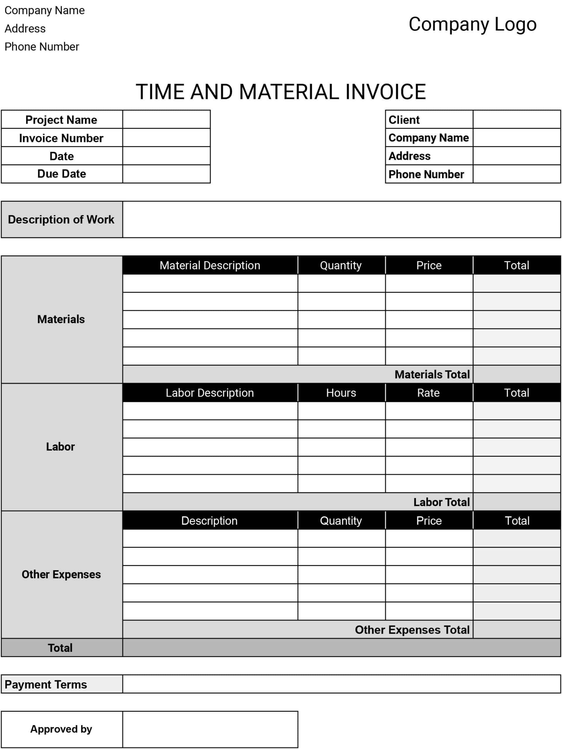 sample labor and materials invoice template