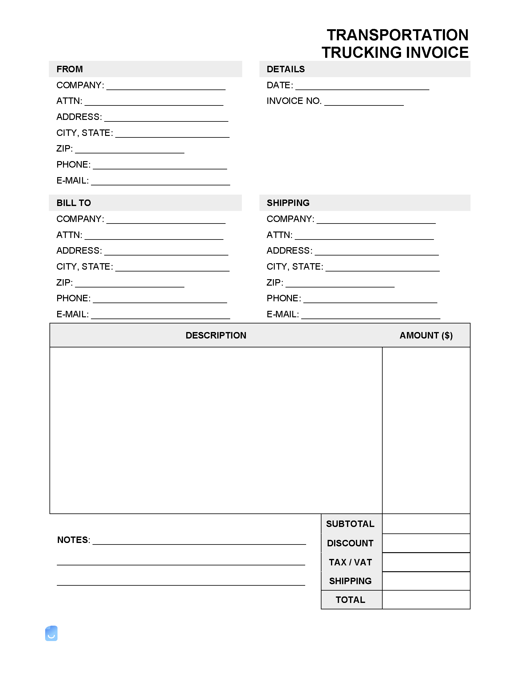 sample transport invoice template