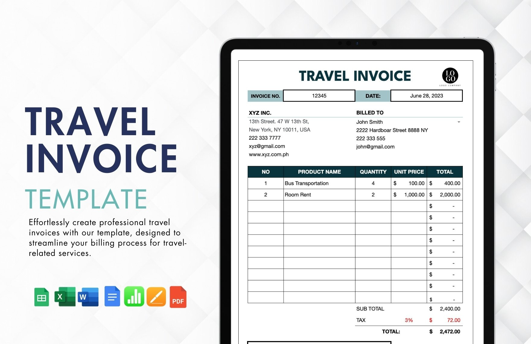 sample invoice for travel agency template