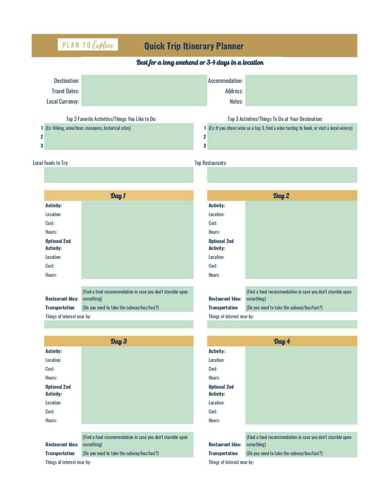 sample itinerary planning template