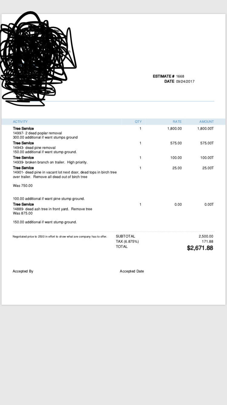 sample tree removal estimate template