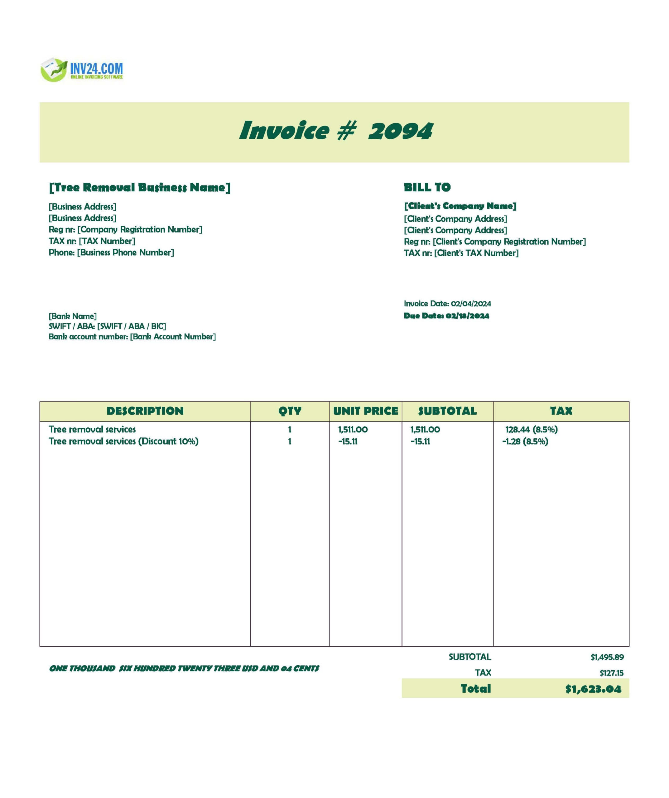 sample tree removal tree service invoice template