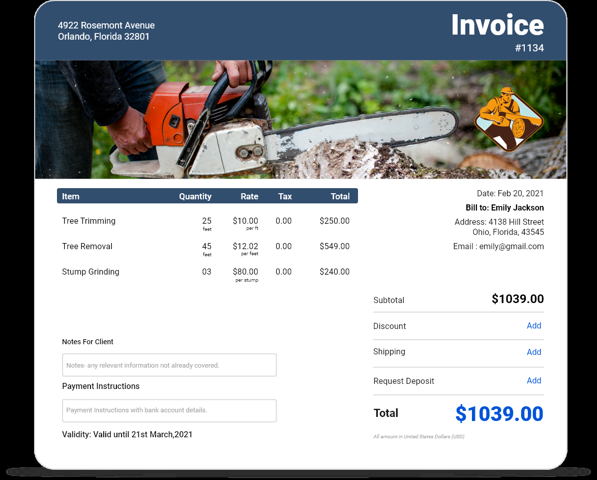 sample tree removal tree service invoice template