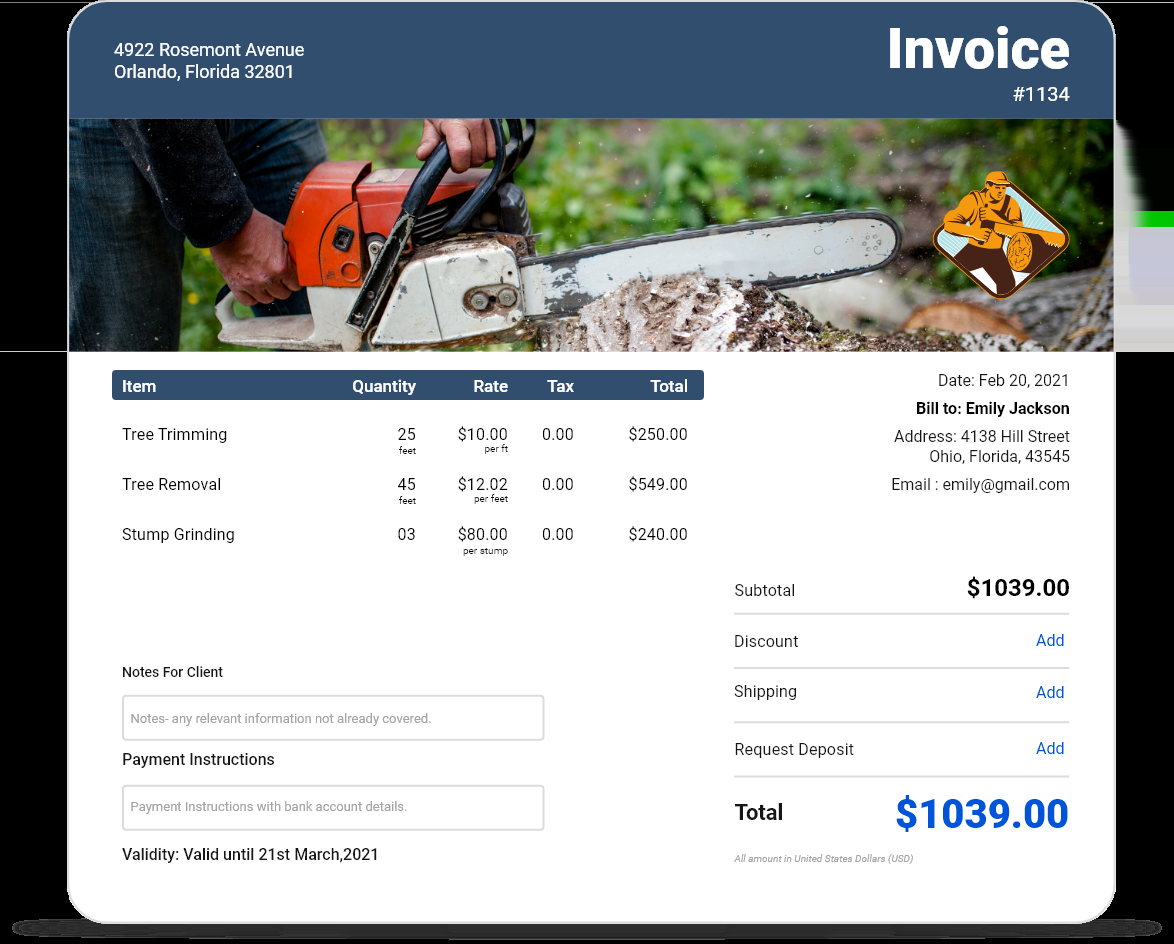 sample tree service invoice template