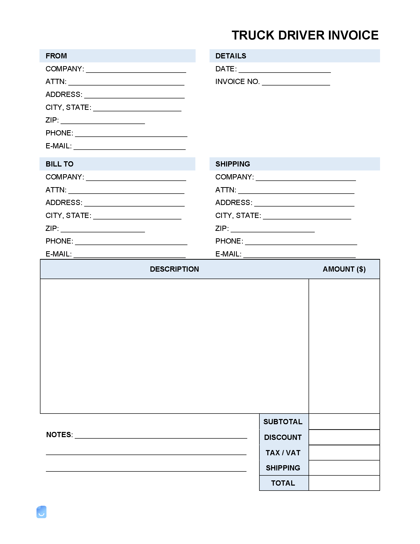 sample driver invoice template