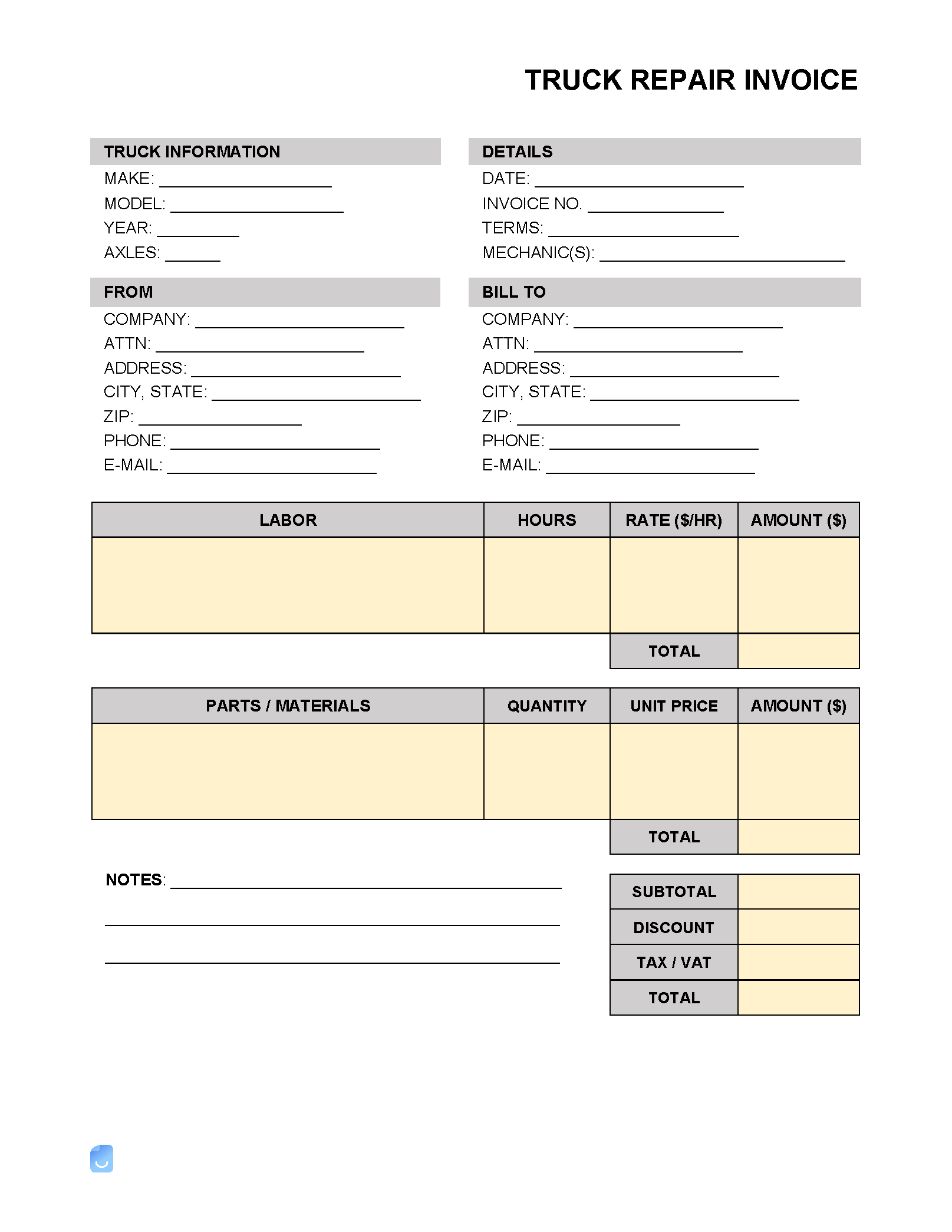 sample truck repair invoice template