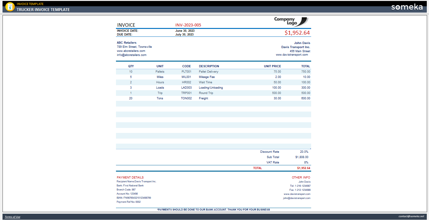 sample trucker invoice template