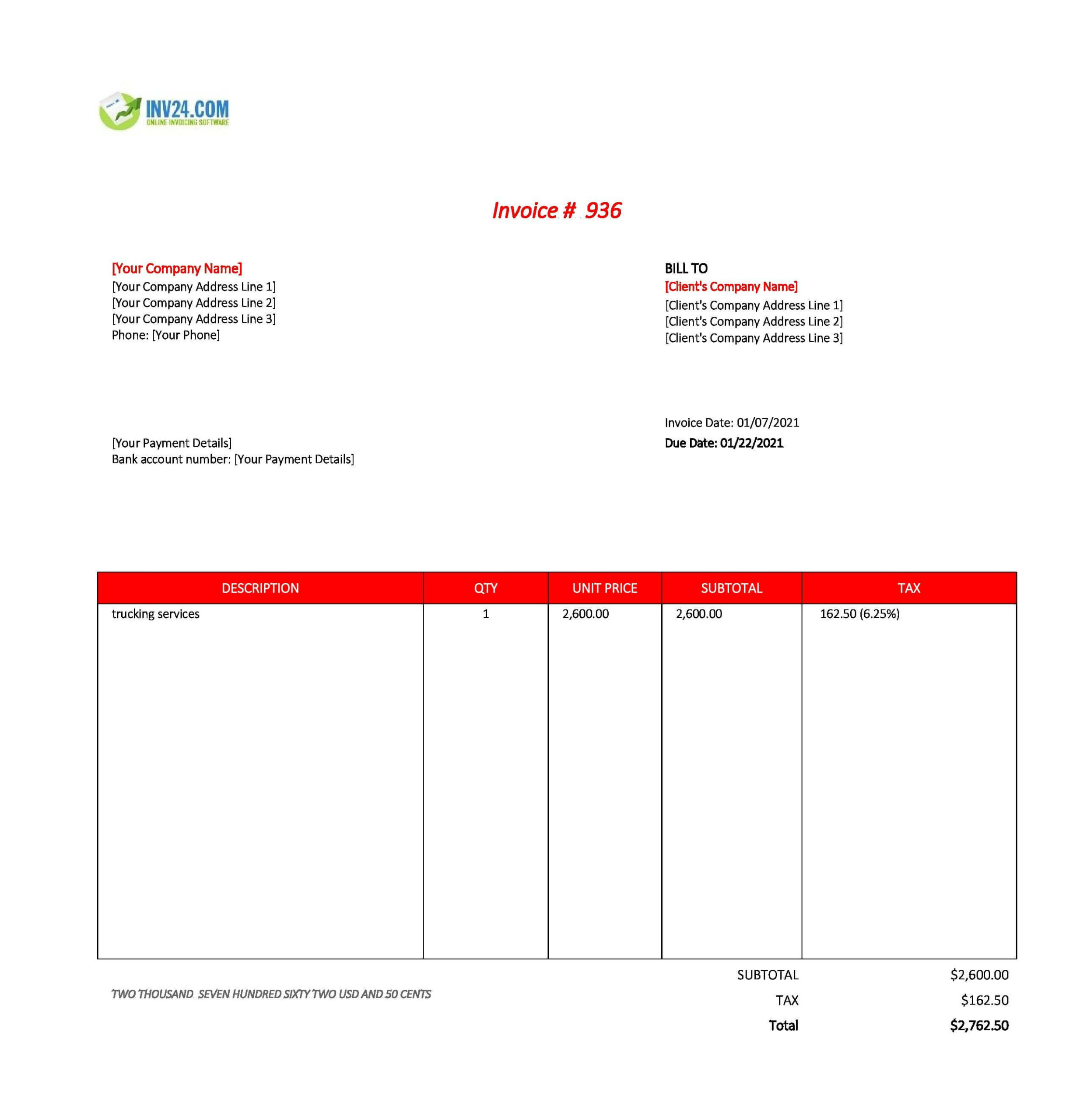 sample transport invoice template