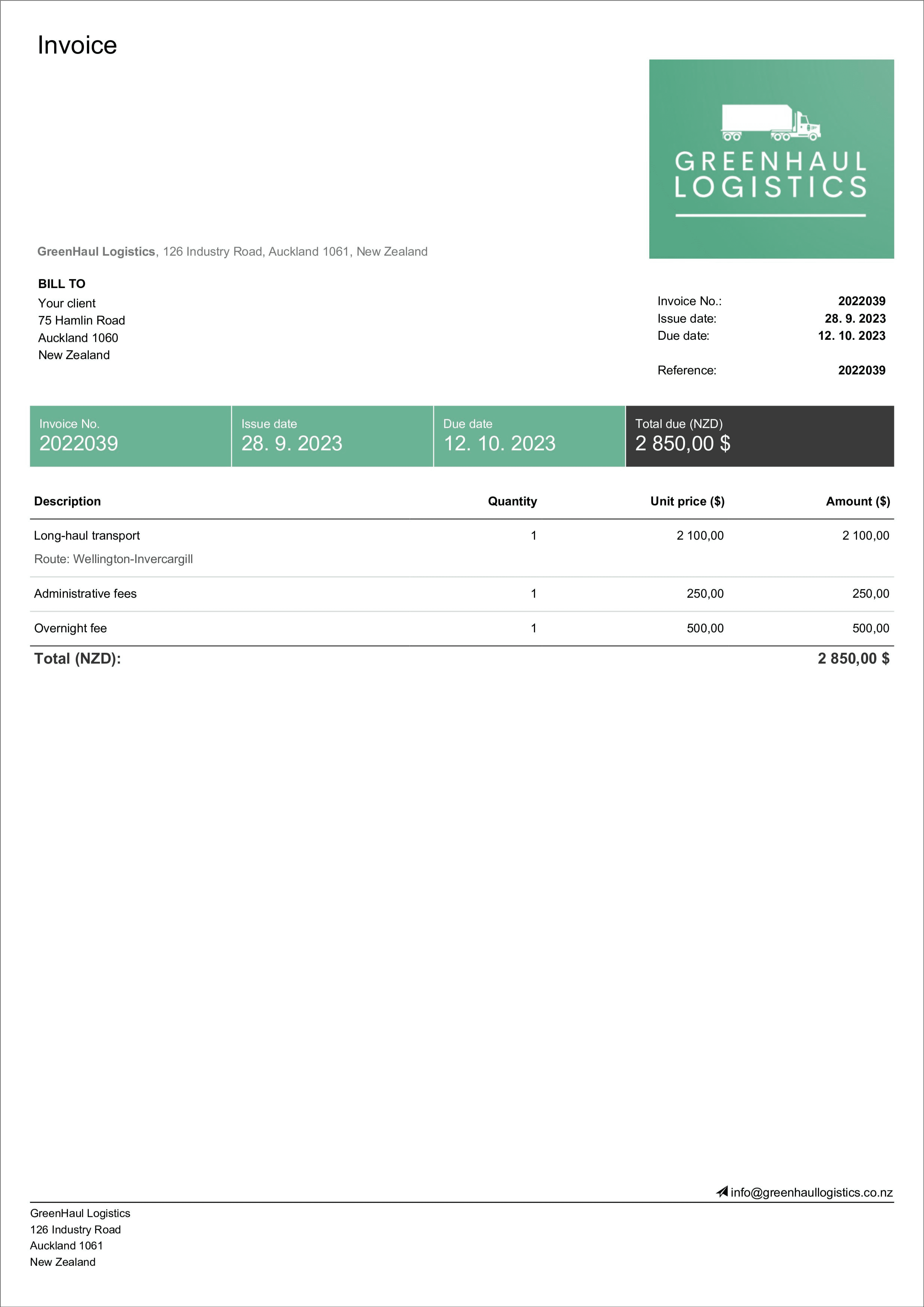 sample auto transport invoice template