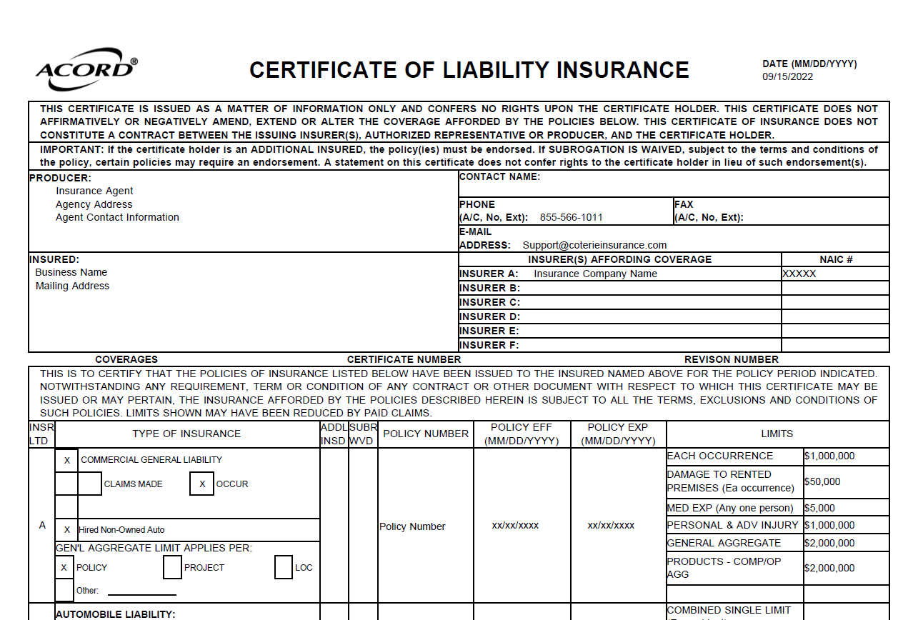 sample Insurance Certificate template