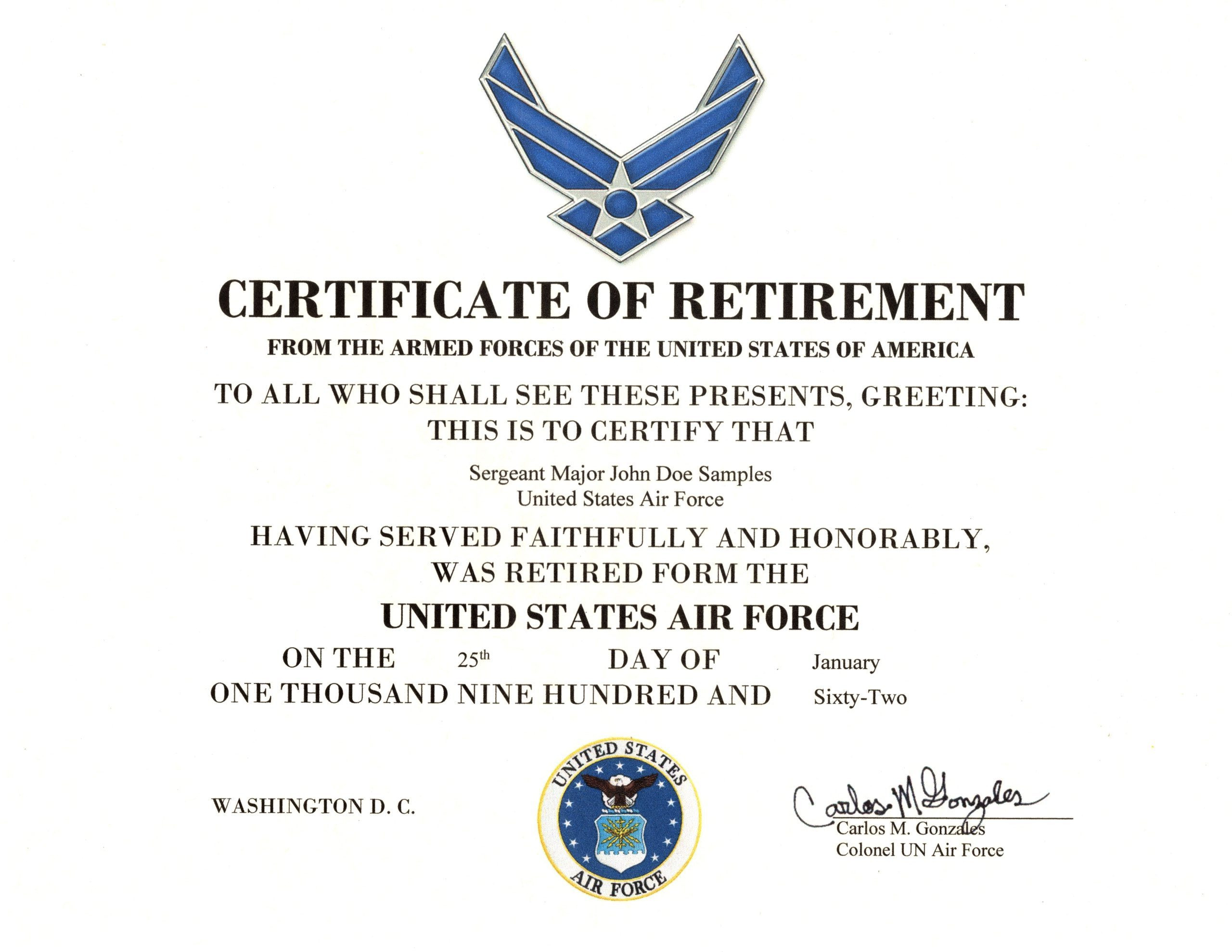 sample Retirement Certificate template