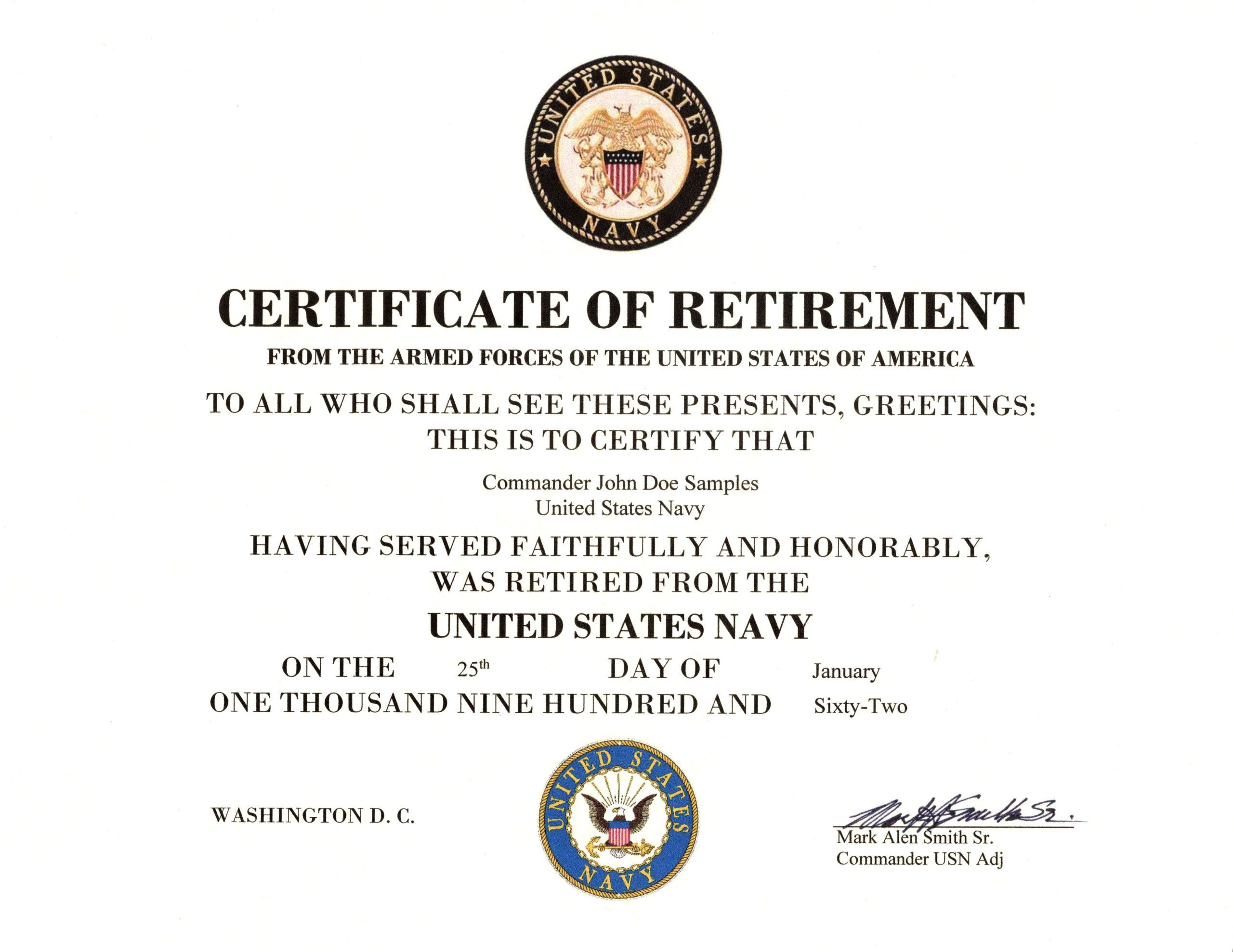 sample Retirement Certificate template