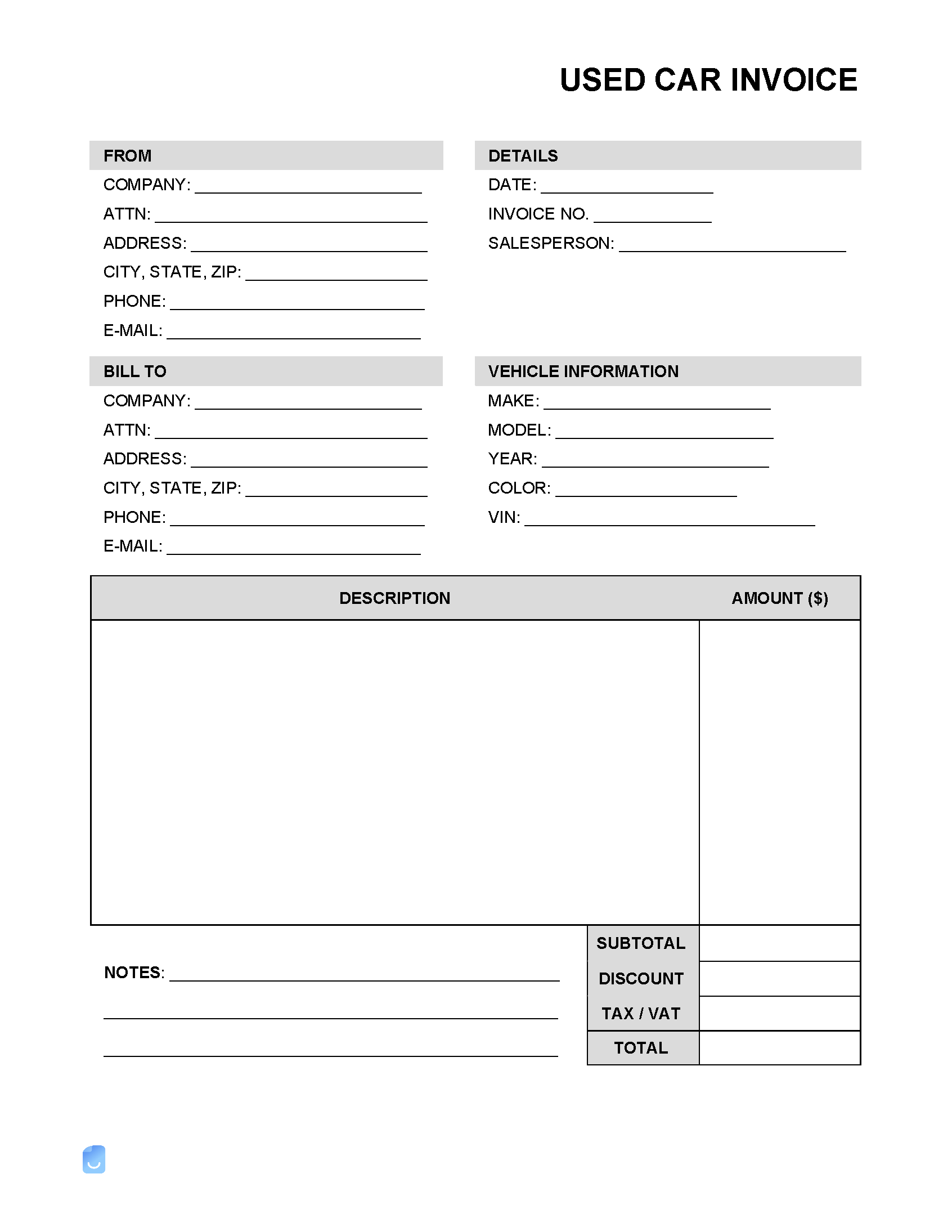 sample car invoice template