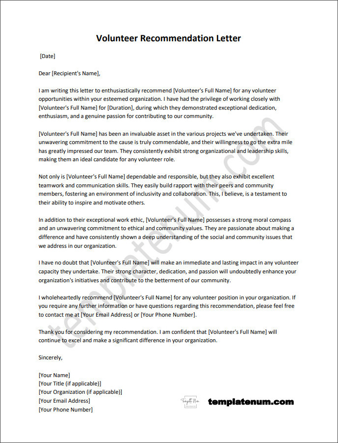 Volunteer Recommendation Letter Template (With Sample)