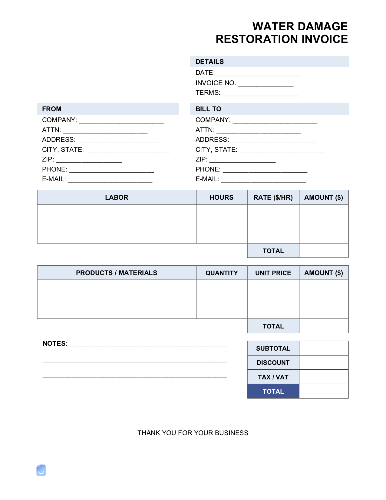 sample water damage estimate template