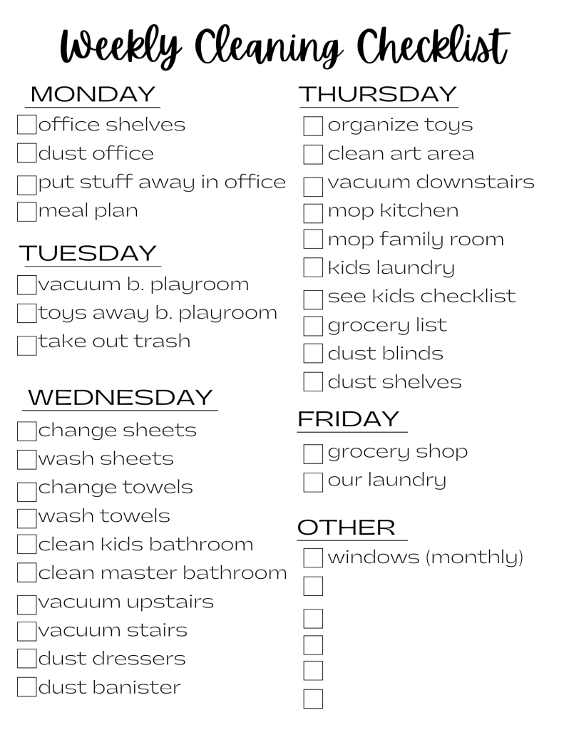 sample weekly cleaning planner template