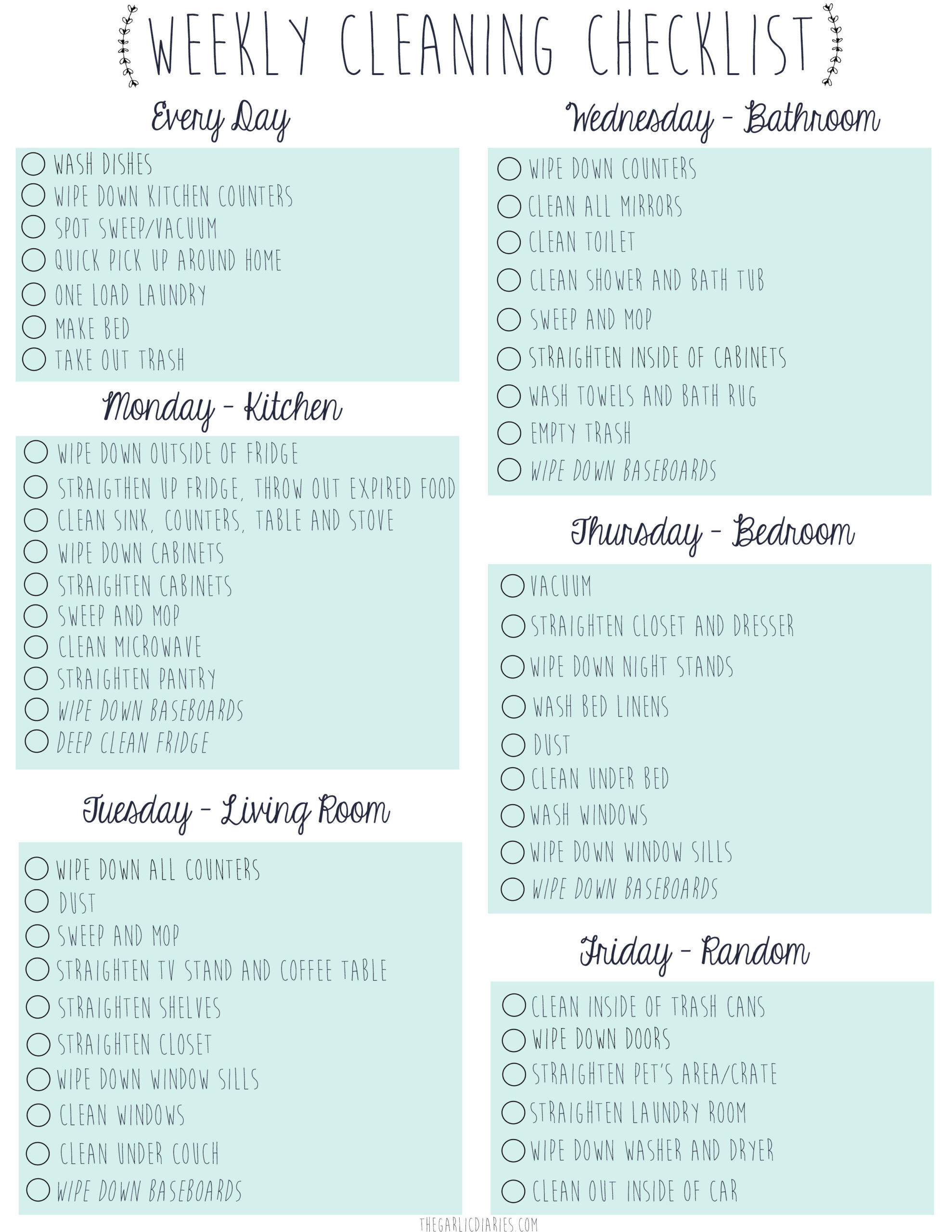 sample weekly cleaning planner template