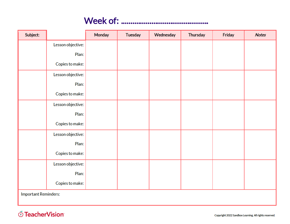 sample teacher weekly planning template