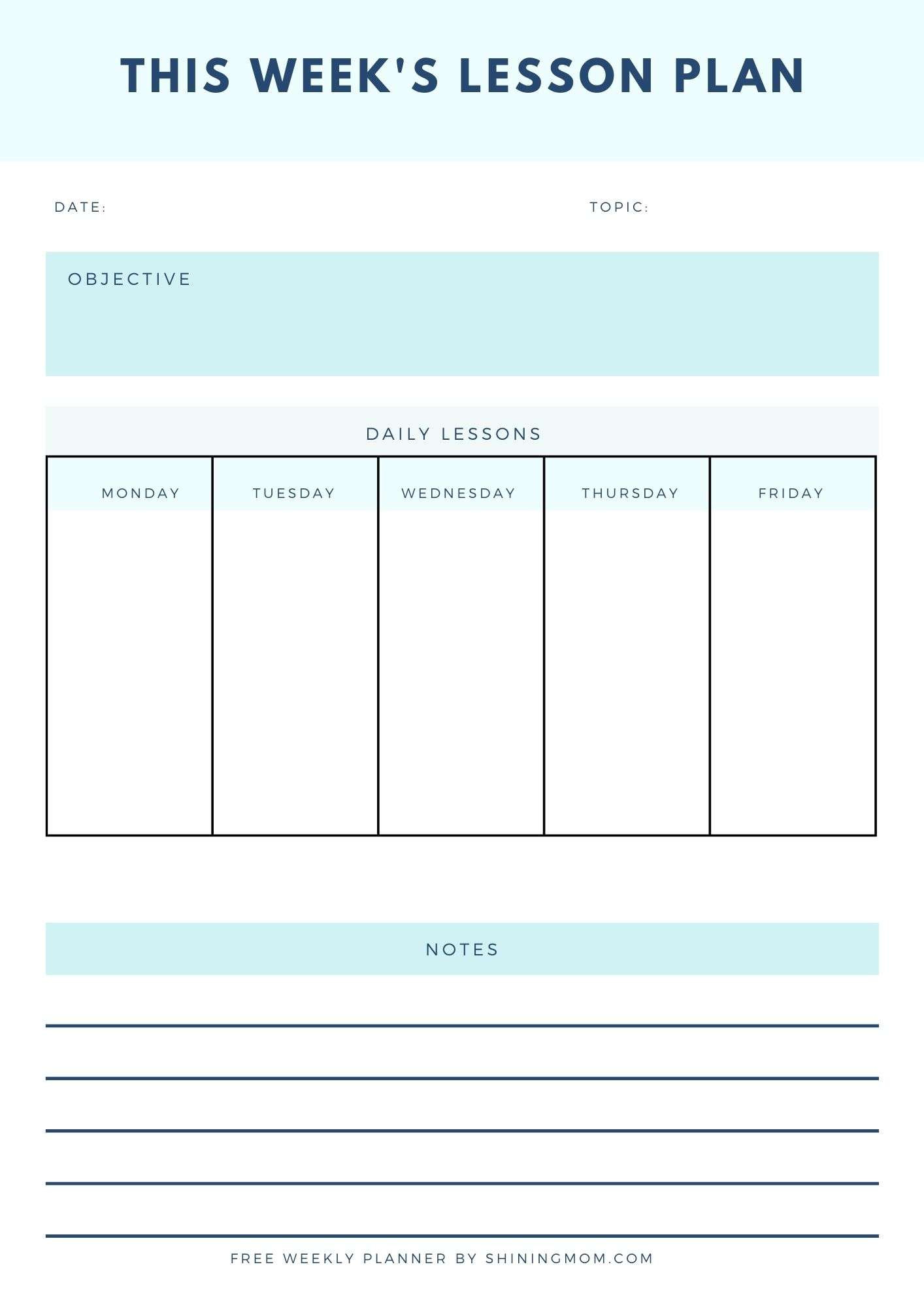 sample teaching weekly planning template