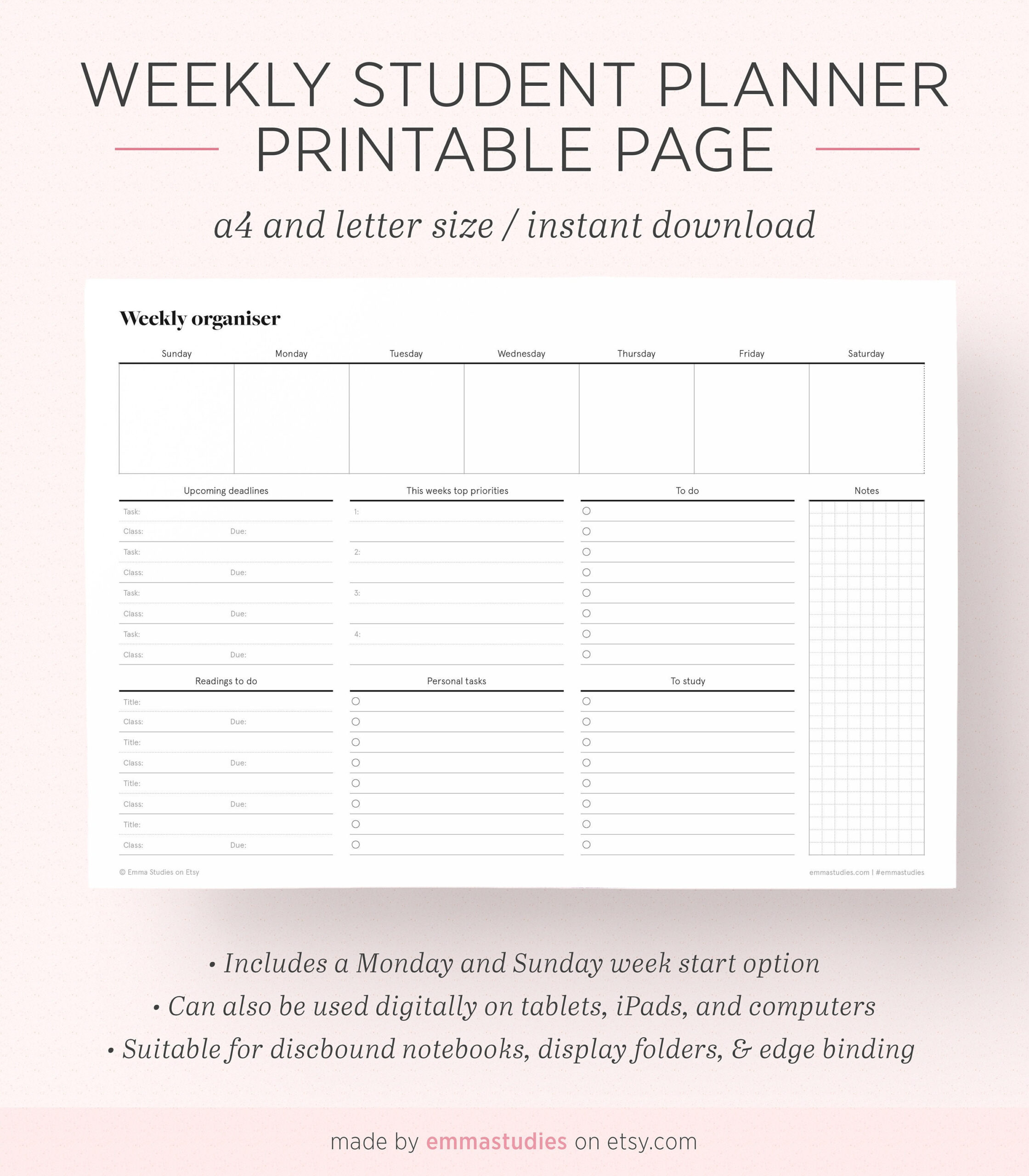 sample weekly planner for students template