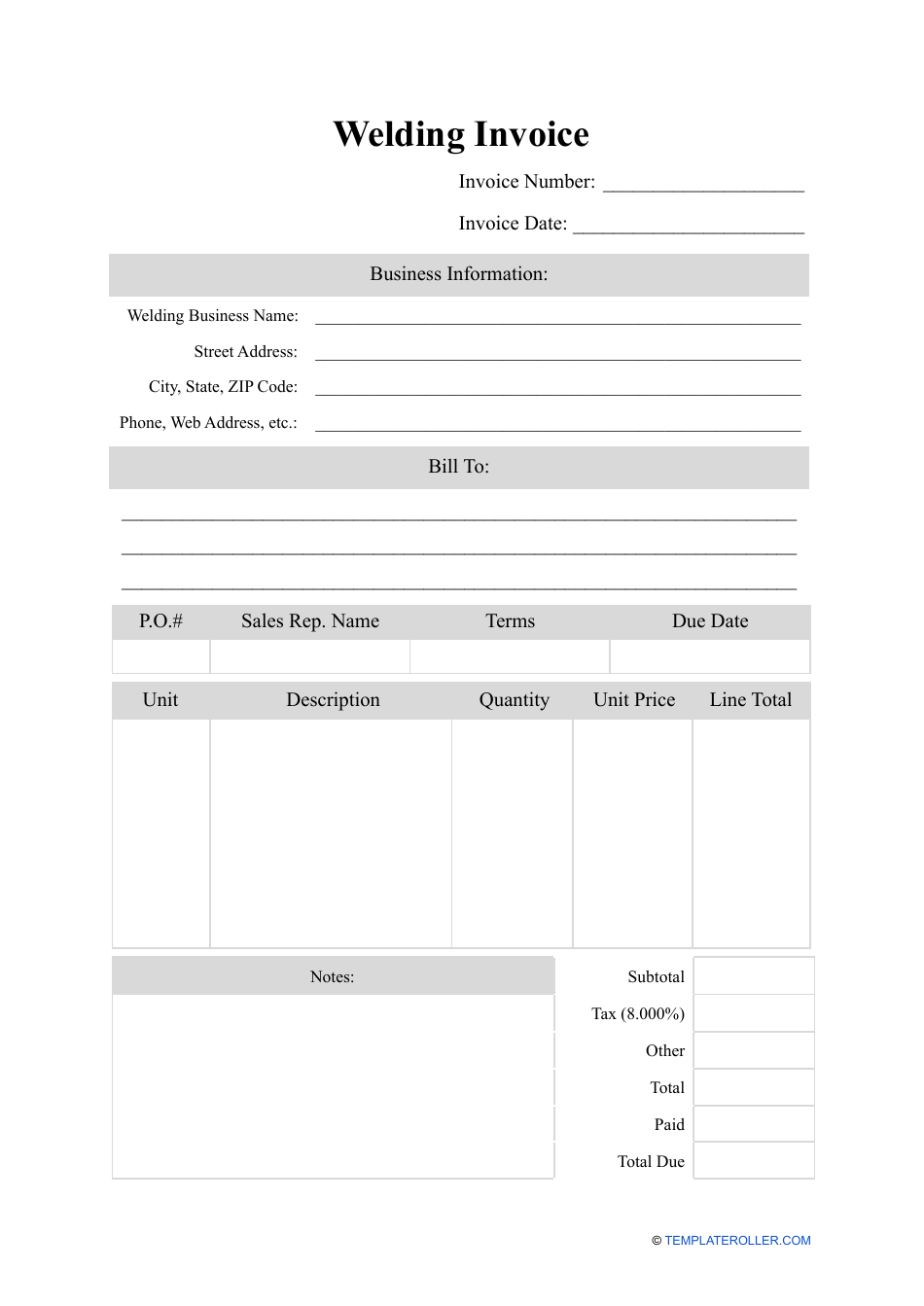 sample welding invoice template