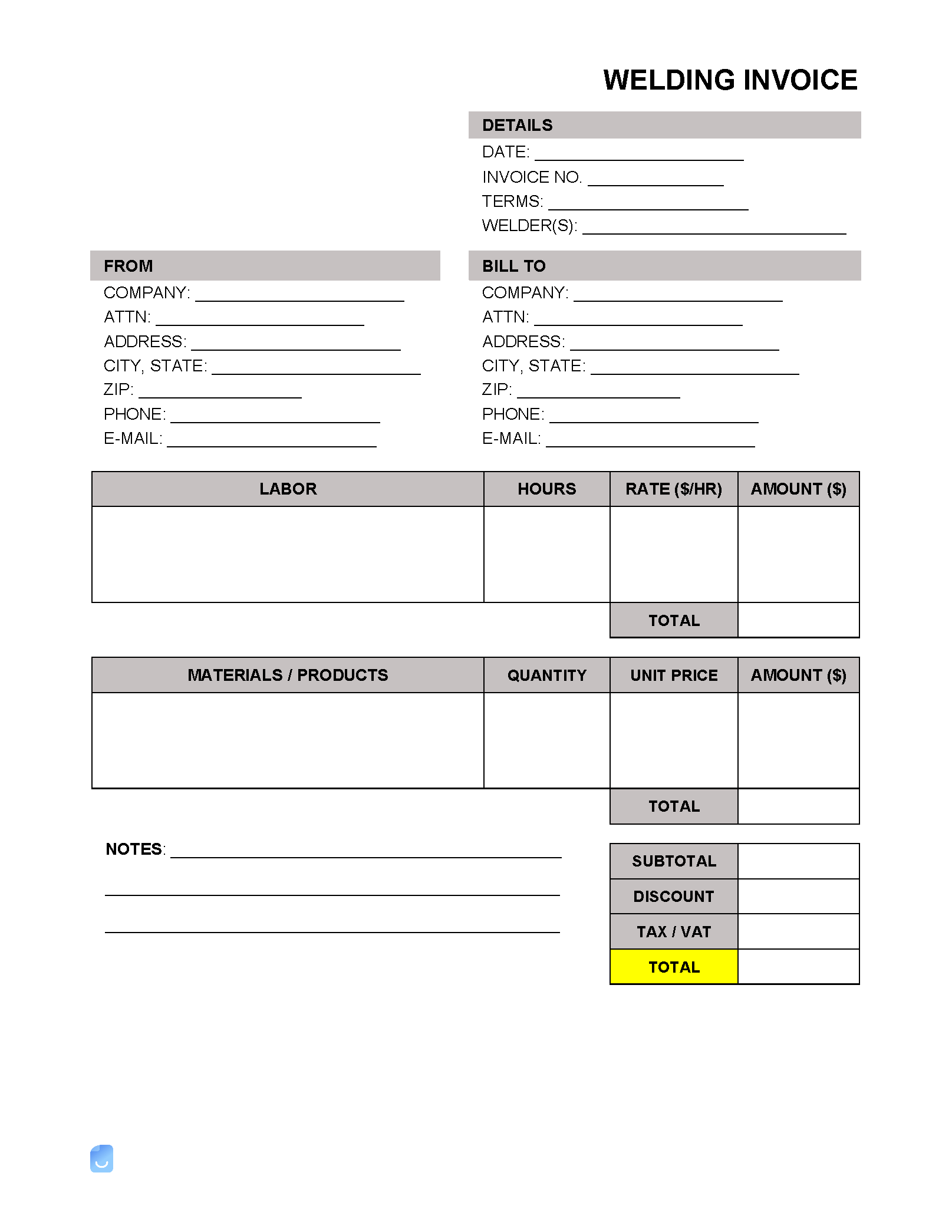 sample welding invoice template