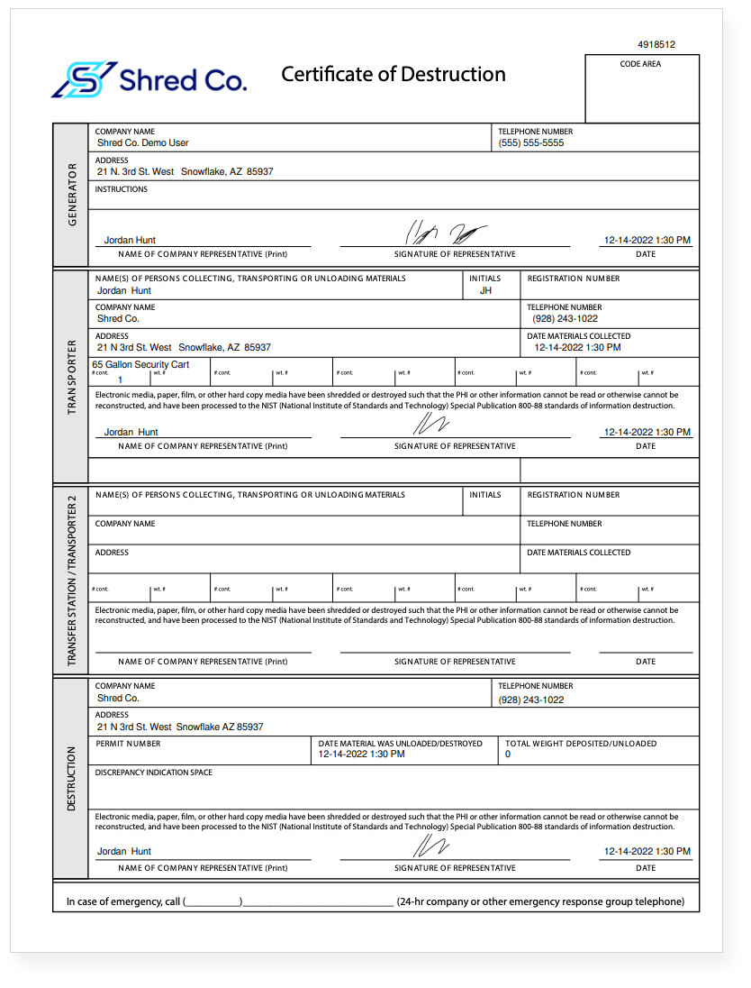 sample Destruction Certificate template