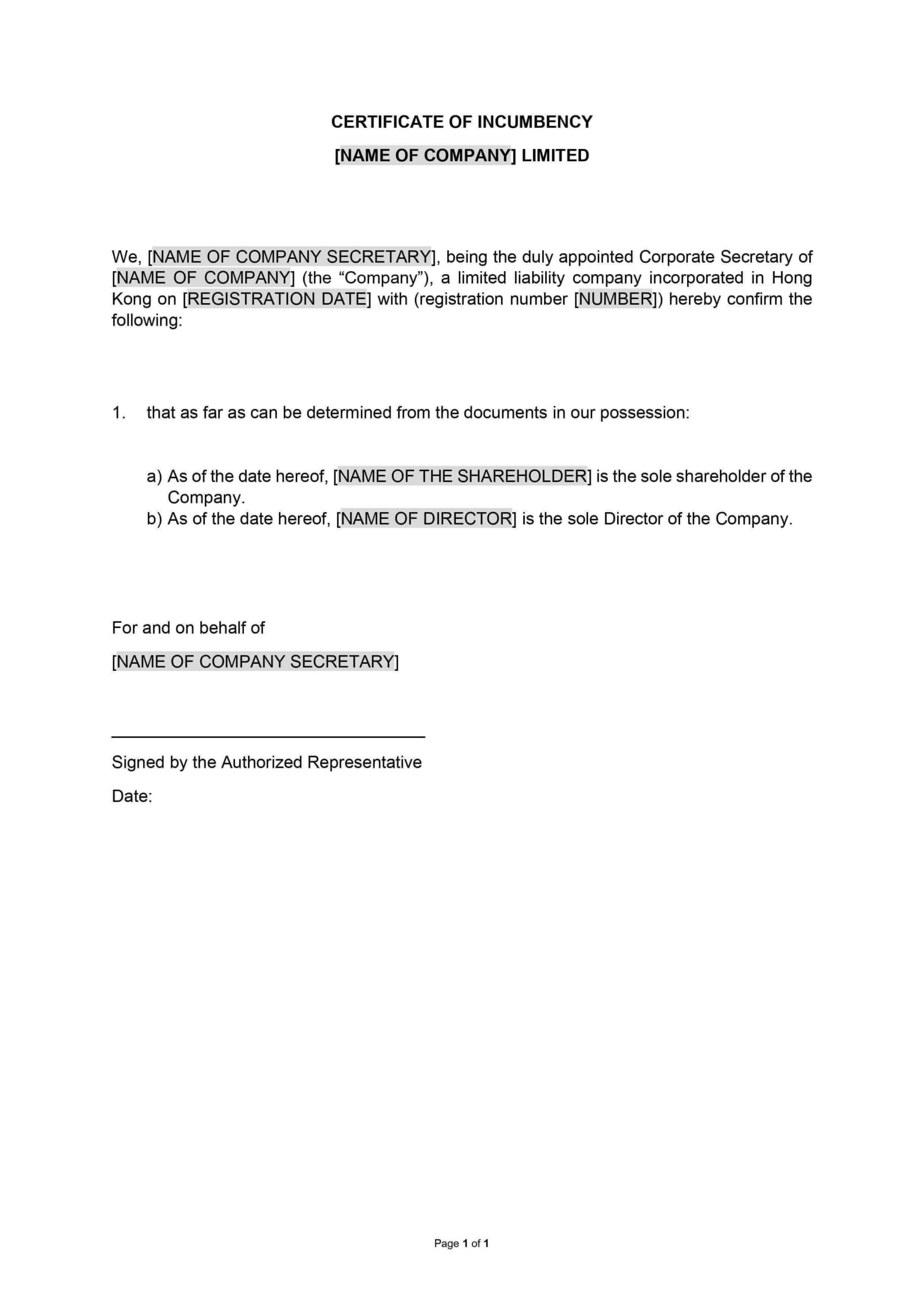 sample Incumbency Certificate template