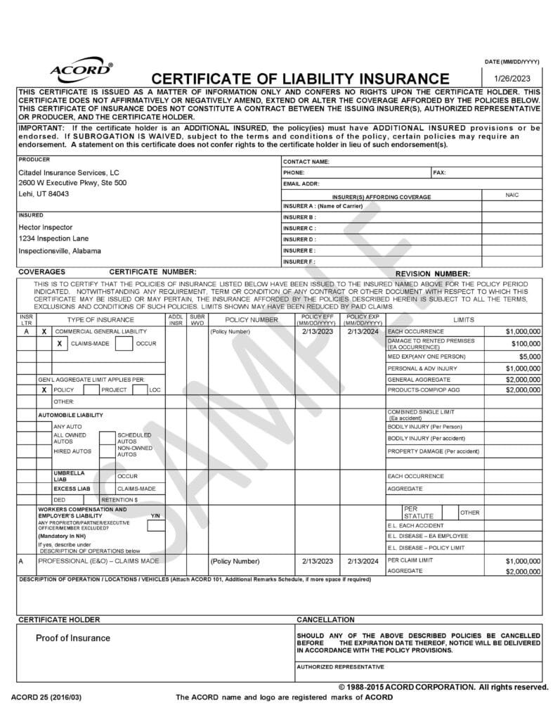 sample Insurance Certificate template