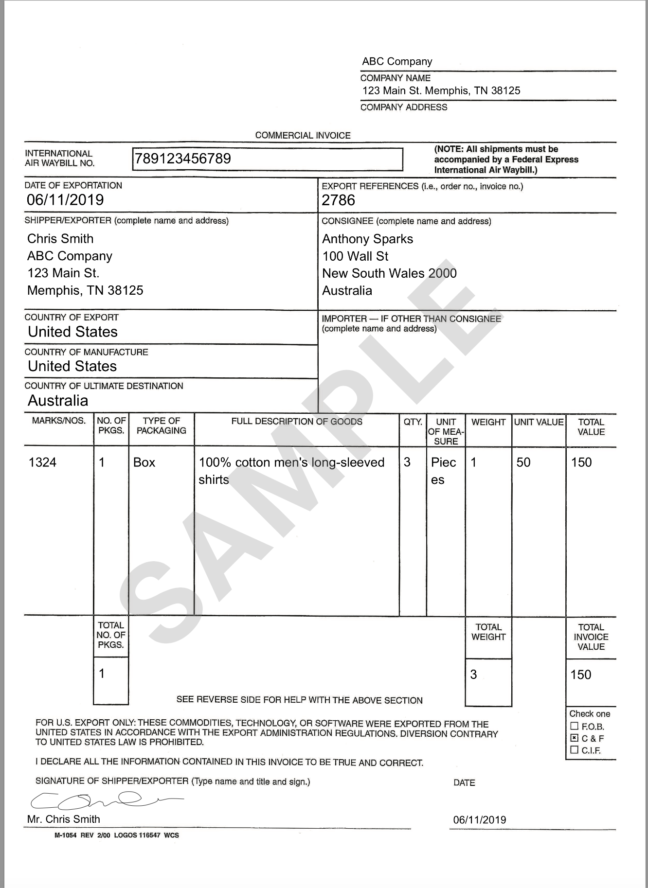 Printable International Shipping Commercial Invoice Template